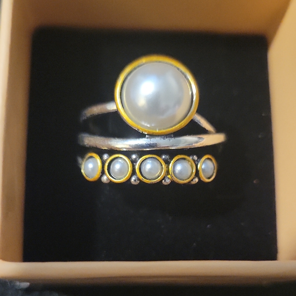 Gold ToneTrim With Fashion Pearl Double Band Ring in Silver and White tones.